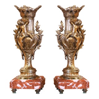 Pair 19th Century French Gilt Spelter Vases on Marble Bases With Vine Motifs For Sale