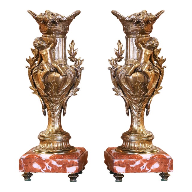 Pair 19th Century French Gilt Spelter Vases on Marble Bases With Vine Motifs For Sale