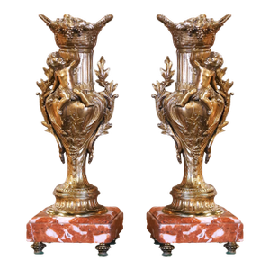 Pair 19th Century French Gilt Spelter Vases on Marble Bases With Vine Motifs