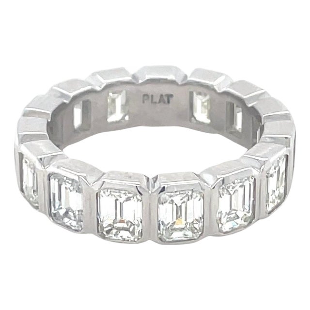 5.00 Carat Bezel Set Emerald Cut Eternity Band, Platinum, Size 6.5 For Sale