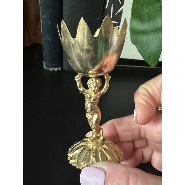 Vintage Renaissance Style Cherub/ Putti Gold Plated Metal Candle Holders, Eggs Cups - A Pair For Sale - Image 12 of 12