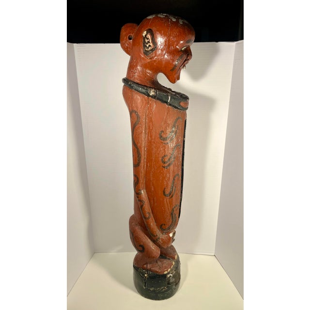 Tribal Vintage Bali Tribal Figural Carved Wooden Fertility Slit Drum Red Painted 38”h For Sale - Image 3 of 10