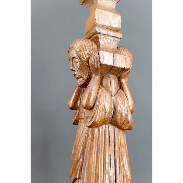 Brown Gothic Revival Medieval Style Pilaster Lamp in Carved Oak, France, 20th Century For Sale - Image 8 of 10