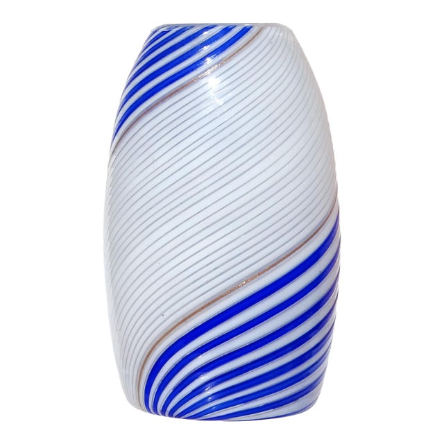 Vintage Murano Dino Martens 1950s Blue White Aventurine Swirl Italian Art Glass Flower Bud Vase For Sale