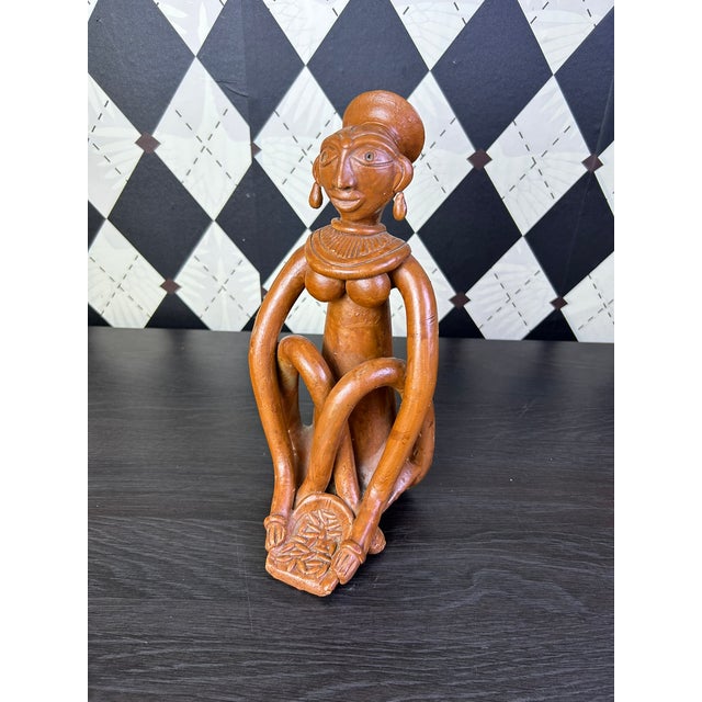 Ceramic Vintage Indian Terracotta Seated Woman Folk Art Sculpture, 10" For Sale - Image 7 of 18