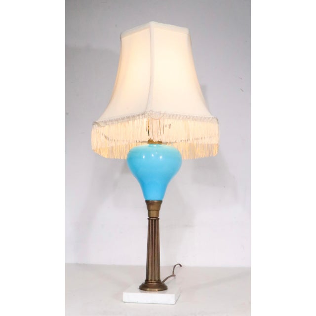 Blue Early 20th Century Electrified Oil Lamp With French Blue Opaline Glass Font For Sale - Image 8 of 10
