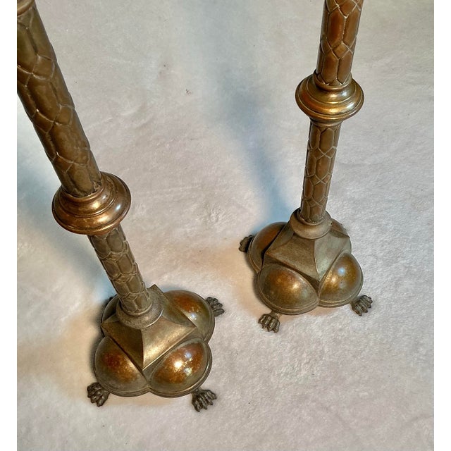 Pair Antique Decorated 29" Tall Solid Brass Floor Candle Stands Candlesticks Candle Holders, Circa 18th-19th Century For Sale In Greenville, SC - Image 6 of 12
