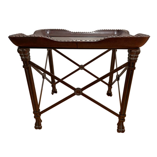 English Maitland Smith Leather, Bronzed Wrought-Iron and Glass Side Table For Sale - Image 3 of 11