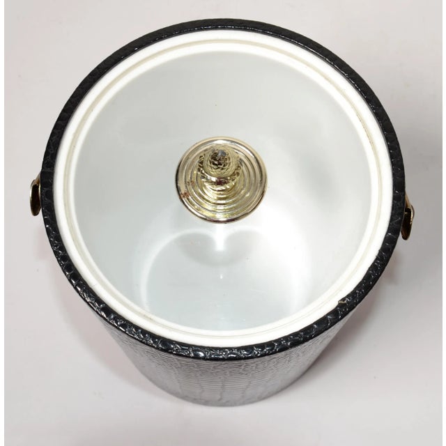 1960s Retro Kraftware Black Embossed Faux Alligator or Crocodile Leather Ice Bucket with Lucite Lid and Acorn Knob. Inside...