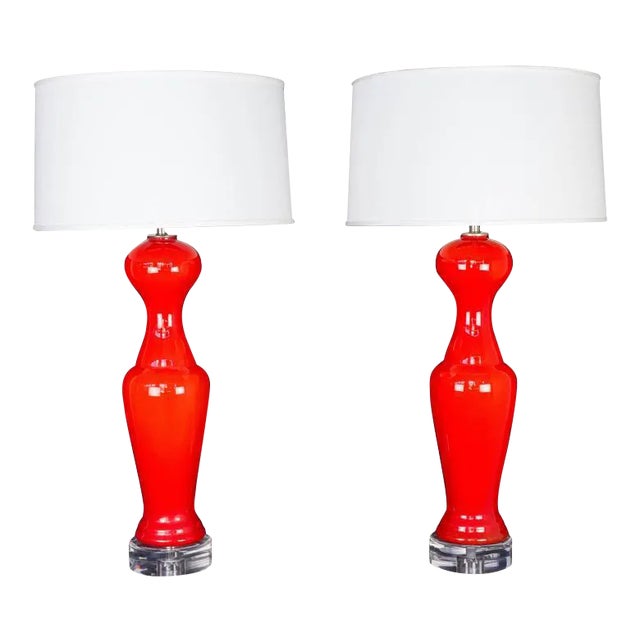 Pair of Italian Murano Glass Table Lamps, Tangerine Orange, 1950s For Sale