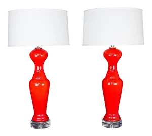 Pair of Murano Tangerine Colored Opaline Glass Lamps