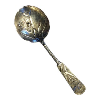 Early 1900s Chinese Export Silver Sugar Server Teaspoon Impressed Leaves and Lotus Flowers With Bamboo Handle For Sale