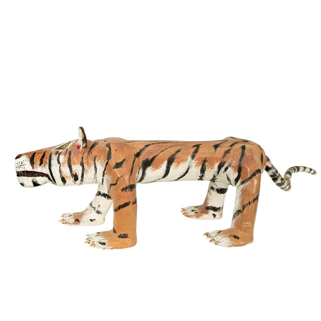 Folk Art African American Folk Art Hand-Carved Wooden Hand-Painted Tiger Sculpture by Isaac Smith, 1980 For Sale - Image 3 of 17
