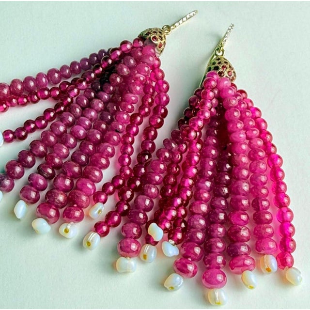 14k Yellow Gold Shepherd Hoop Earrings With Diamonds, Rubies & Opalite Tassels, A Pair For Sale - Image 11 of 11