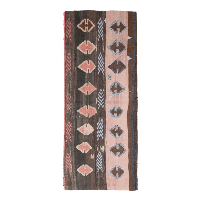 1970s Vintage Turkish Oushak Handmade Wool Cotton Pink Kilim Runner Rug For Sale