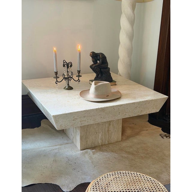 Postmodern Late 20th Century Italian Reverse Beveled Square Travertine Coffee Table For Sale - Image 3 of 7