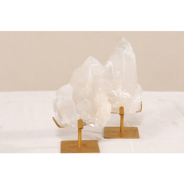 Pair of Quartz Crystals on Golden Stands For Sale - Image 9 of 9