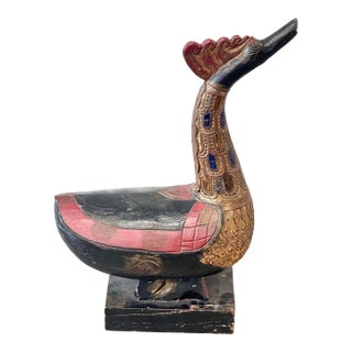 Vintage Indonesian Balinese Folk Art Painted Wood Temple Swan Statue For Sale
