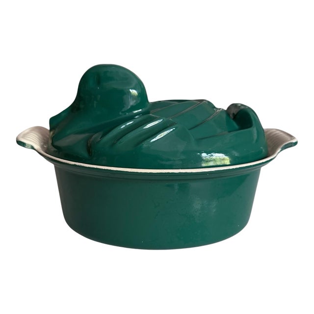 Rare Vintage Le Creuset Duck Tureen – Cast Iron Lidded Baker in Emerald Green For Sale