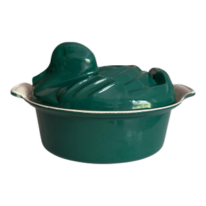 Rare Vintage Le Creuset Duck Tureen – Cast Iron Lidded Baker in Emerald Green