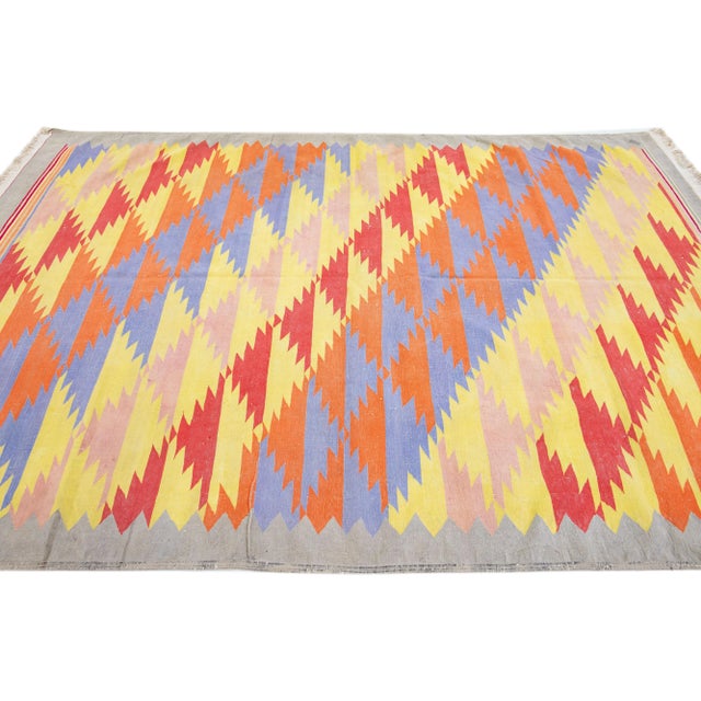 1980s 1980s Multicolor Vinatge Cotton Durrie Wool Rug With Geometric Motif For Sale - Image 5 of 7