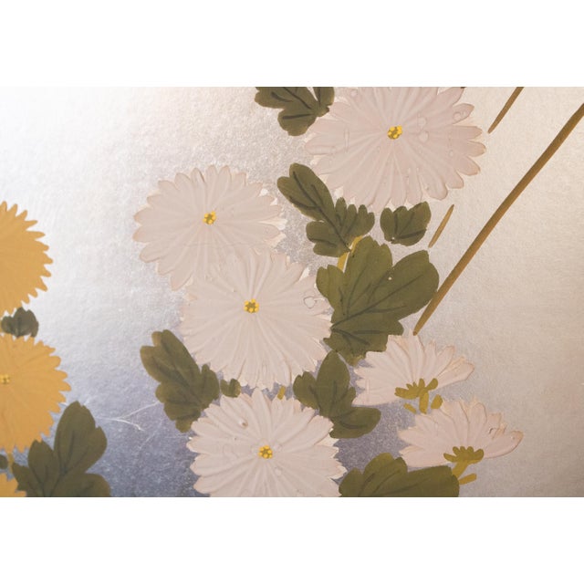 Silver 1970s Shōwa Era Japanese Byobu Screen "Chrysanthemums" on Silver Background For Sale - Image 8 of 18