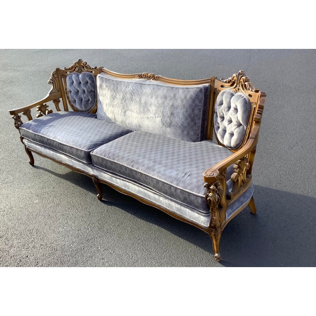 1960’s Mid Century Vintage Velvet Sofa With Detailed Carved Wood Chairish