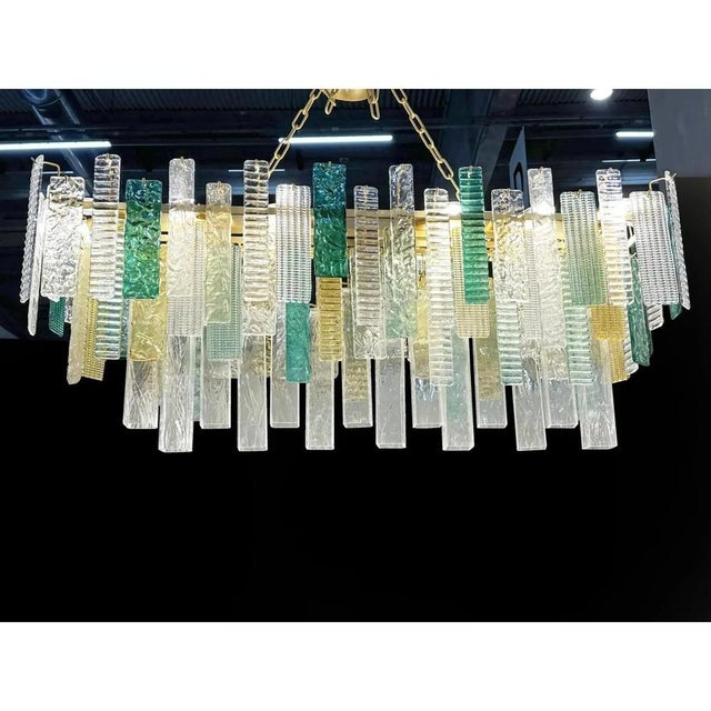 Scenographic italian hand-made chandelier with multicolors strip “listelli”, elements of murano glass. huge rectangular...