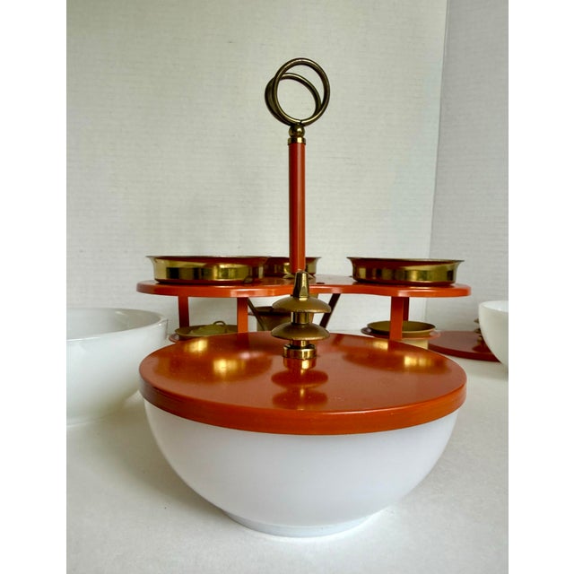 1960s Mid-Century Modern Space Age Rotating Condiment Server With Fire-King Milk Glass Bowls For Sale - Image 11 of 11