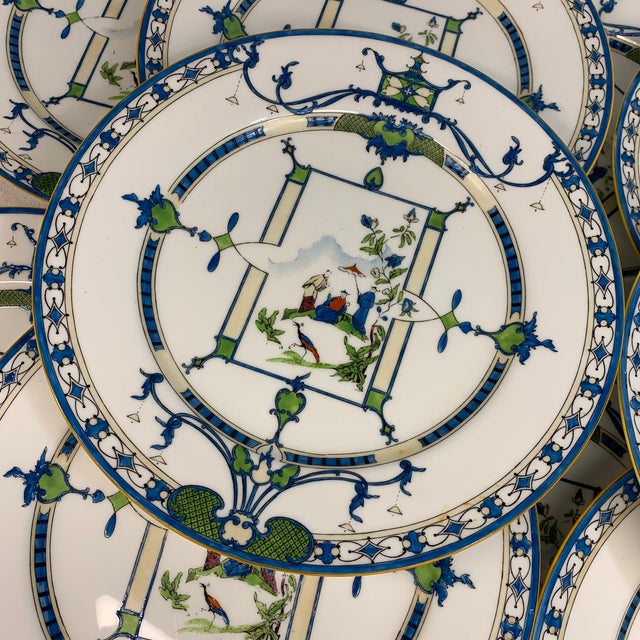 Early 20th Century Vintage Royal Worcester Chinoiserie Blue & Green Plate Set - Set of 12 For Sale - Image 5 of 7