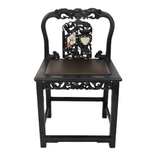 19th Century Antique Chinese Blackwood (Hongmu), Marble & Mother of Pearl Upholstered Side Chair For Sale