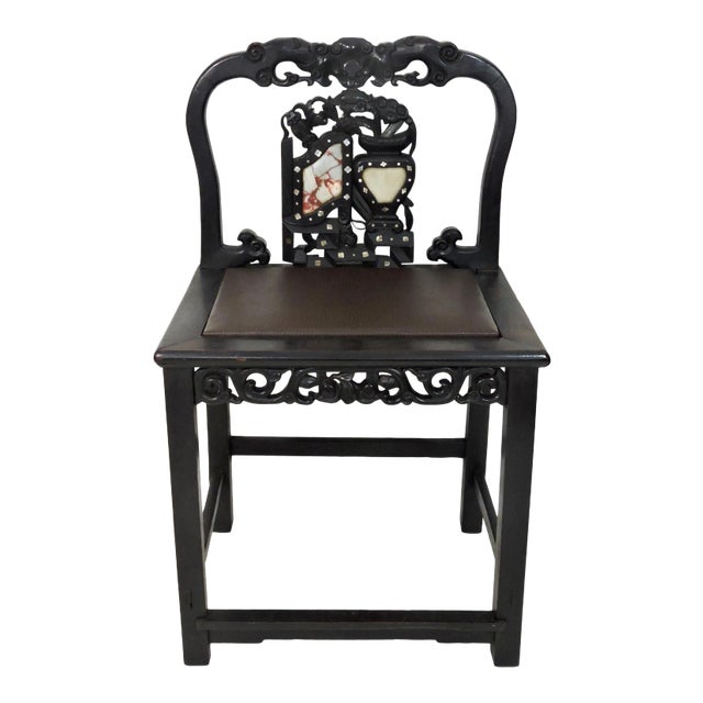 Antique Chinese Blackwood (Hongmu), Marble & Mother of Pearl Upholstered Side Chair, 19th Century For Sale