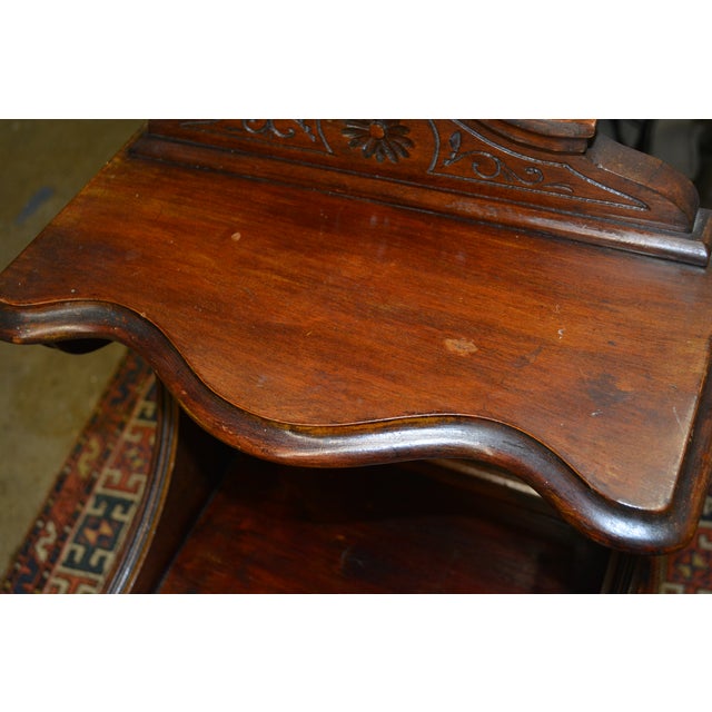 Victorian Vintage Carved Mahogany Wood Coal Holder Purdonium W/ Metal Removable Insert / Mirror & Shelf For Sale - Image 3 of 14