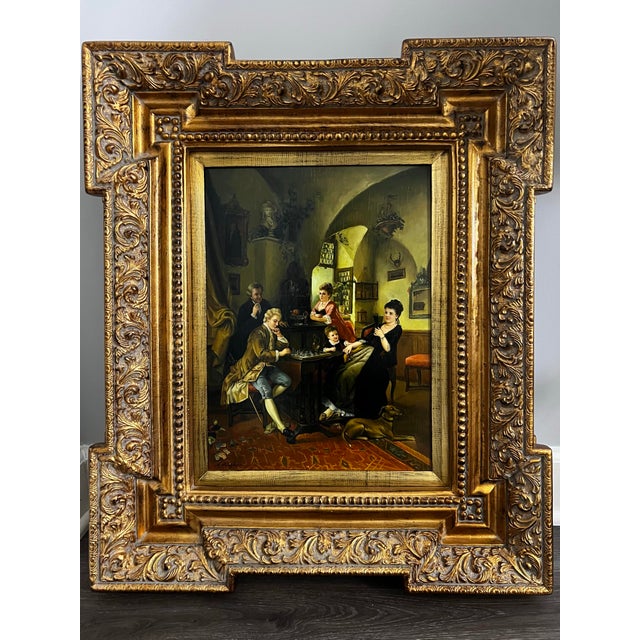 Late 20th Century Biedermiere Style Framed Reproduction Painting of “Game of Chess” by German Artist Carl Herpfer For Sale - Image 11 of 12