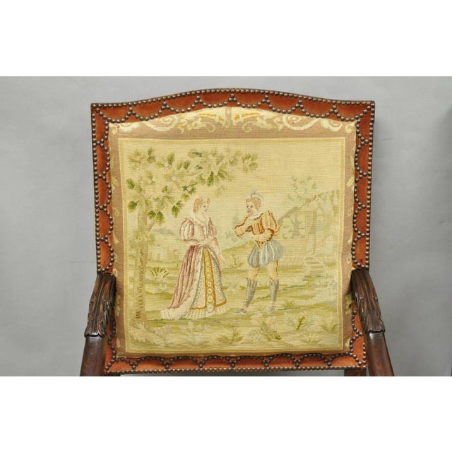 Late 19th Century Antique French Louis XIV Style Needlepoint Tapestry Carved Walnut Arm Chair Pair For Sale - Image 5 of 18