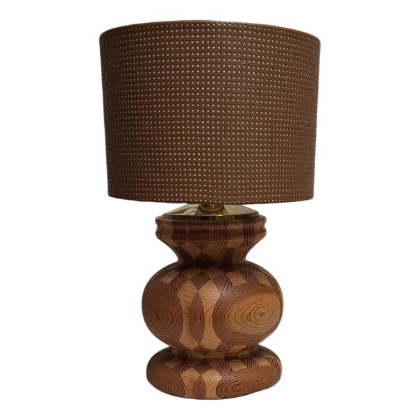 Vintage Table Lamp with Handmade Pine Wood Base and Fabric Shade from Lamplove, 1970s For Sale