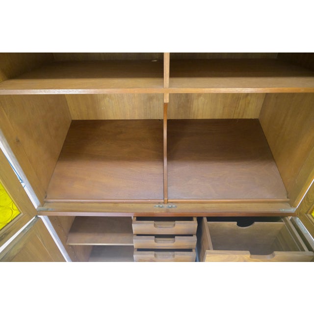 Solid Teak Multiple Fitted Drawers Amber Textured Glass Doors Cabinet Credenza For Sale - Image 13 of 16