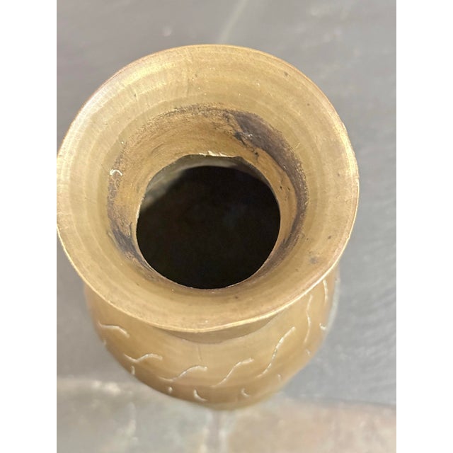 1950s Vintage Mid Century Chinese Brass Bud Vase Etched Design Flared Rim For Sale - Image 5 of 6