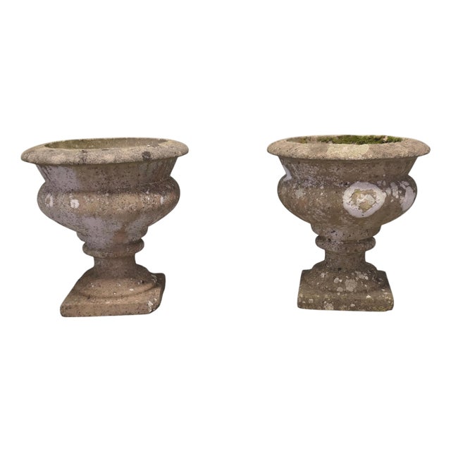 Mid-Century Weathered Cast Stone Garden Planters, 1920s, Set of 2 For Sale