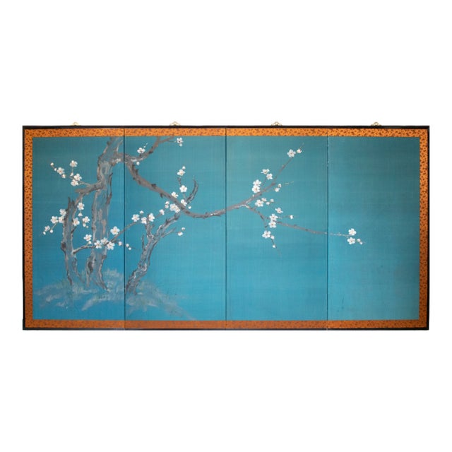 C. 1970s Japanese Style Silk Screen "Blossoming Cherry Tree" For Sale