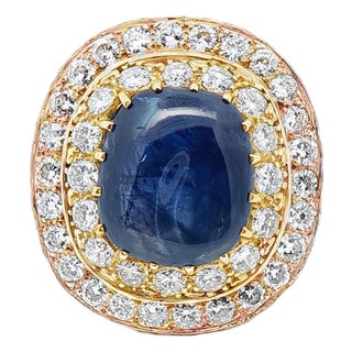 19.49 CTW Mid-Century No Heat Burmese Sapphire & Diamond 18k Gold Ring, Size 8 For Sale