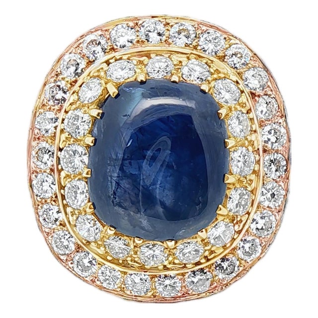 19.49 CTW Mid-Century No Heat Burmese Sapphire & Diamond 18k Gold Ring, Size 8 For Sale