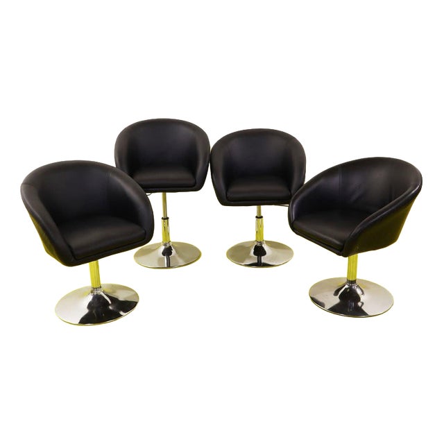 Black Faux Leather Swivel Armchairs with Chrome Bases, Set of 4 For Sale