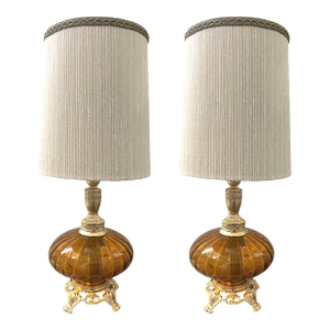 Vintage 1960s Mid-Century Modern Hollywood Regency Pair Amber Glass Gold Lamps Restored - a Pair