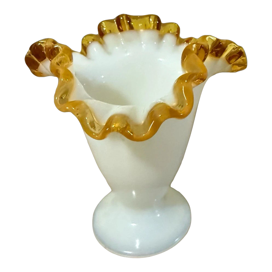 Vintage Fenton Milk Glass Amber Gold Crest Trumpet Vase Crimped