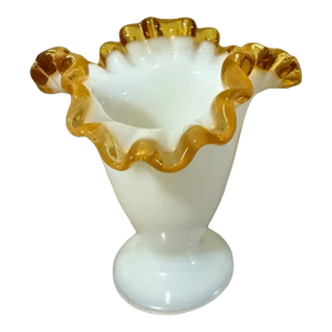 Vintage Fenton Milk Glass Amber Gold Crest Trumpet Vase Crimped Ruffled Rim