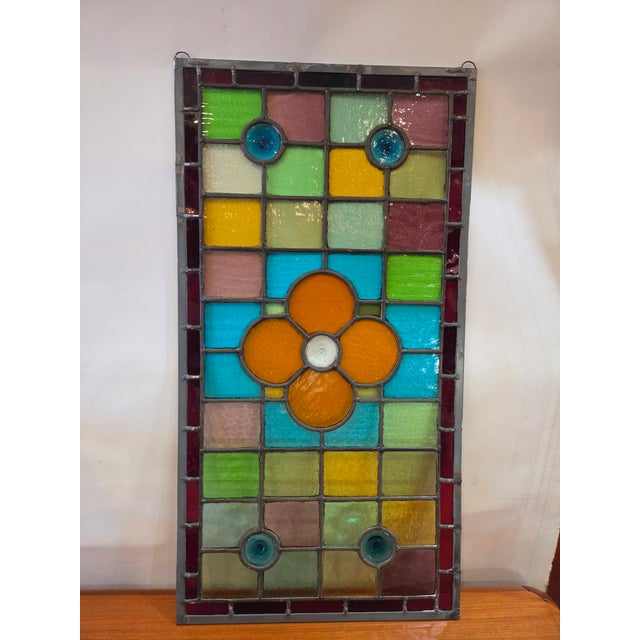Late 19th Century Antique 1880s Stained Glass Window Flower With Jewel Rondels Cathedral Glass For Sale - Image 5 of 6