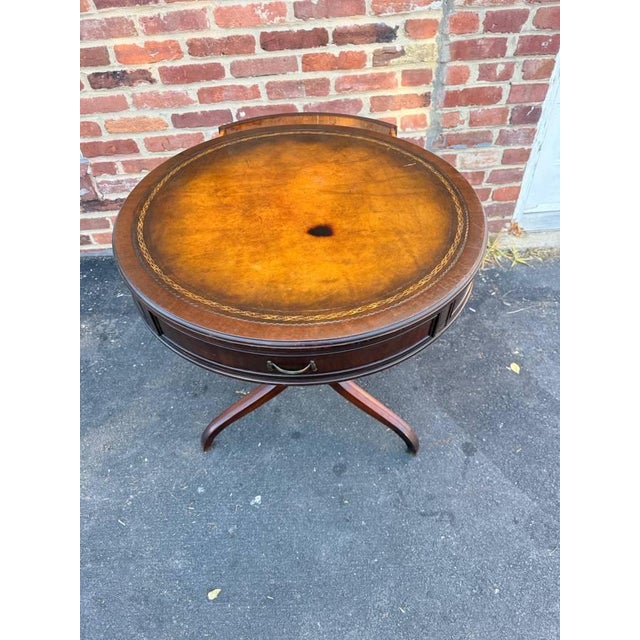 Brown Vintage Federal Style Spider Leg Leather Top Drum Table For Sale - Image 8 of 12