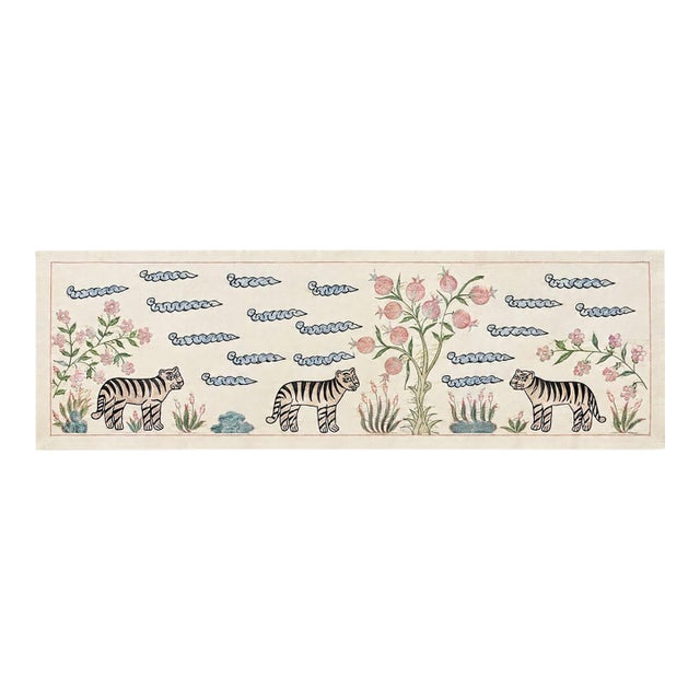 Silk Suzani Table Runner With Three Tigers and Clouds For Sale
