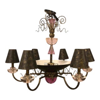 Hollywood Regency Style Iron and Lucite With Colored Glass Chandelier For Sale